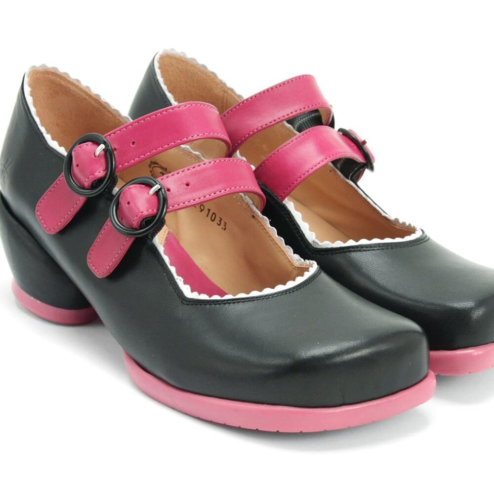 John Fluevog Margie double strap with drill pink and black heart heel